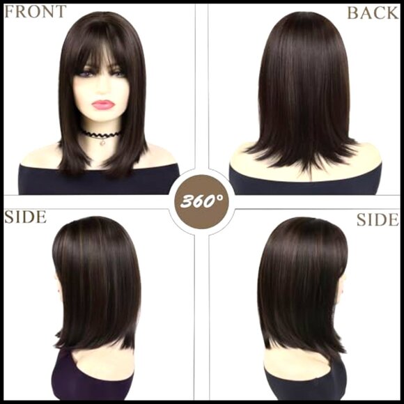 Medium Length Bob Wig with Bangs Heat Resistant Synthetic Hair Adjustable Cap